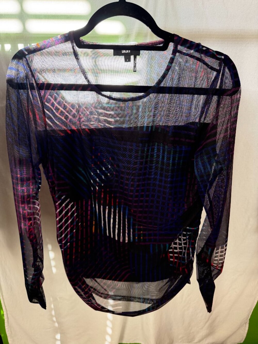 DKNY Abstract Geometric Grid Mesh Long Sleeve Sheer Top Multicolor Medium